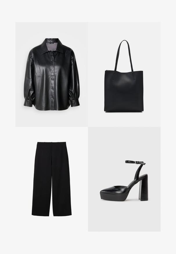 Sort læder skjortejakke med krave, knaplukning og ballonsleeves. Glat tekstur og skræddersyet pasform.; Sorte bredbenede bukser lavet af et struktureret stof med høj talje, der har frontfald og et rent design. Ingen synlige lommer eller hardware.; Sorte platformhæle med spidse tæer og justerbar ankelrem. Construeret i glat læder, med en kraftig blokhæl.; Sort læder tote taske med glat tekstur, rektangulær form og to lange hanke. Ingen synlig hardware eller udsmykninger.