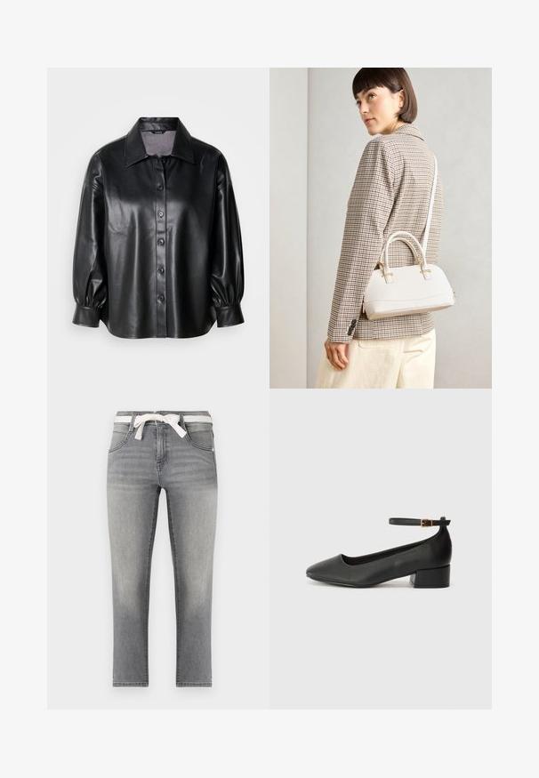 Mustan nahast särk-jakk, millel on kraega kaelus, nööpidega kinnitamine ja puhvis varrukad. Sile tekstuur ja kohandatud lõige.; Hallgrå denim teksad med sirgiga lõike, mis sisaldab triibulist paelavööd, esipooge ja õrnalt pleekinud kangast.; Must mustaapp, millel on terav nina ja madal blokk-kand. Omab pahkluu rihma koos kuldse tooni pandlaga. Sile tekstuur.; Valge struktureeritud käekott lühikeste käepidemete ja õlavööga, millel on kuldse riistvara aktsendid ja tekstuuriga materjal, eksponeeritud halli taustal.