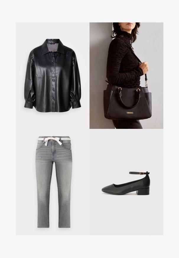 Camisa jaqueta de couro preto com gola, fecho de botão e mangas bufantes. Textura suave e ajuste entalhado.; Jeans de ganga cinza com corte reto, apresentando um cinto de laço listrado, bolsos frontais e um desbotado subtil no tecido.; Sandal de pele preta com bico pontiagudo e um salto bloco baixo. Apresenta uma tira no tornozelo com uma fivela em tom dourado. Textura suave.; Bolsa preta com superfície texturizada, alças superiores duplas e alça de ombro ajustável. Apresenta ferragens em tom dourado e bolsos laterais.