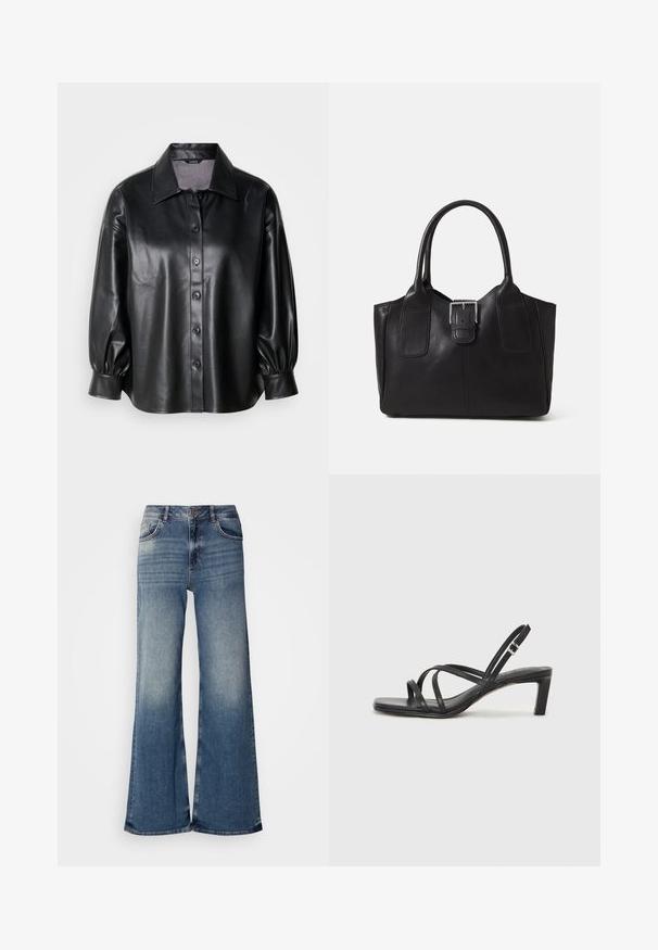 Sort lærerskjortejakke med krage, knappelukking og ballongermer. Glatt tekstur og skreddersydd passform.; Lyseblå denim bukser med vid ben, høy midje, falmede områder, klassisk fem-lommers design, og oppriftede nederkantsdetaljer.; Sorte sandaler med stropper, firkantet tå og lav blokk hæl. Har flere tynne stropper og en justerbar ankelstropp. Laget av glatt lær.; Svart skinn toteveske med jevn tekstur, strukturert form, to håndtak og en fremtredende sølvspenne foran.