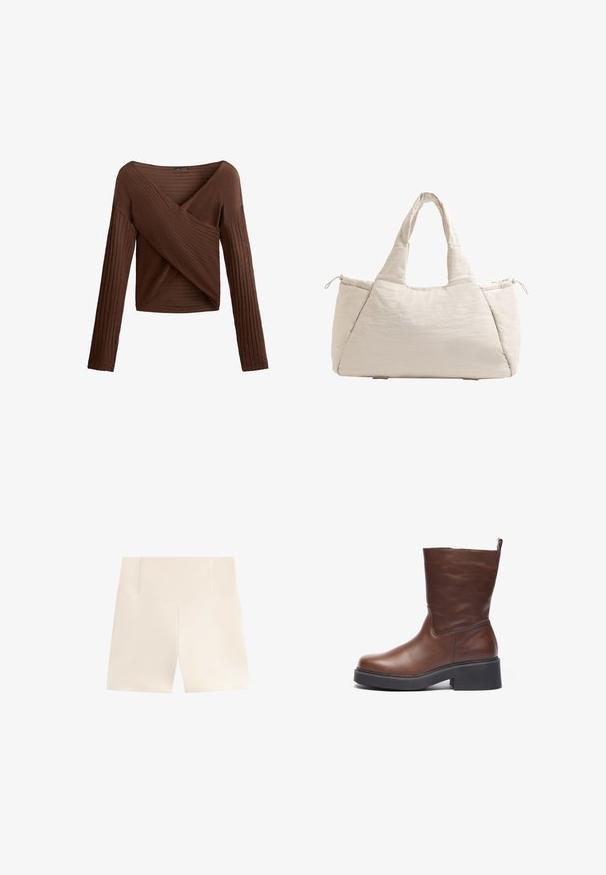 Rjav rebrast dolg rokav zgornji del s križnim V-izrezom, teksturirano blago in prilegnjen silhuet. Ima dolge rokave in skrajšano dolžino.; Bež hlače s visokim, strukturiranim pasom. Narejene so iz gladkega, lahkega blaga. Imajo čist in preprost dizajn brez vzorcev ali okrasnih elementov.; Rjava usnjena gležnjarja s zaobljenim prstom, masivnim črnim platformnim podplatom in kratkim zgornjim delom. Ima zanko za lažje obuvanje.; Bežna kvačena torba s dvema ročajema, zaobljena oblika, teksturirana tkanina in žep na vrvico na strani. Gladka površina, minimalisticni dizajn.