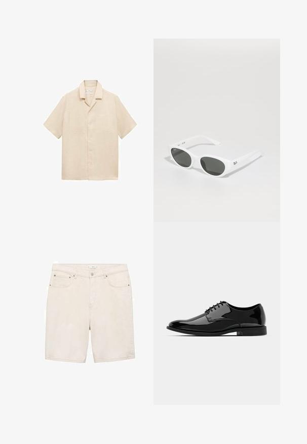 Beige lyhythihainen pellavapaita, jossa on kaulus, kaksi rintataskua ja nappikiinnitys. Silkkinen rakenne ja rento istuvuus.; Vaaleanbeiget farkkushortsit suoran leikkauksen, viiden taskun ja nappikiinnityksen kanssa. Sileä pinta ja minimaaliset ompeluyksityiskohdat.; Musta patentoitu mokkanahkakengät pyöreällä varpalla, nauhakuormausmalli ja sileä, kiiltävä pinta. Varustettu matalaprofiilisella kumipohjalla.; Valkoiset aurinkolasit pyöreillä kehysmuodoilla ja tummilla linsseillä. Ominaisuudet sileä muovinen pinta ja pieni logo varressa.