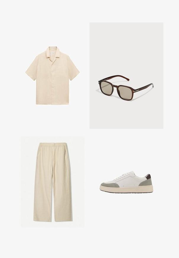 Kortærmet beige skjorte i linned med krave, to brystlommer og knaplukning. Glat tekstur og afslappet pasform.; Beige linned brede bukser med elastisk talje og sidelommer. Stoffet har en tekstureret, naturlig finish.; Hvide sneakers med grå ruskind og mørkebrune læderdetaljer. Har snørebånd, rund tå, tyk hvid gummisål og minimal syning.; Brune rektangulære solbriller med tonede linser, plastisk stel og metalaccenter på siderne. Har et strømlinet design og glat overflade.