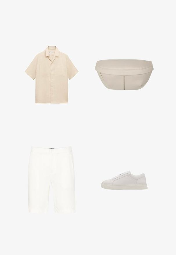 Kortærmet beige skjorte i linned med krave, to brystlommer og knaplukning. Glat tekstur og afslappet pasform.; Hvide bomuldsshorts med et klassisk design, der har en knaplukning, bæltestropper og lige ben ned til midten af låret.; Hvide lædersneakers med rund tå, flad sål og seks snøringer. Har en glat tekstur og minimalistisk design. Ingen synlige mønstre eller accenter.; Beige stofpung med en rund form, der har en flad top og subtile sømdetaljer. Inkluderer et minimalistisk logo og en sideløkke.