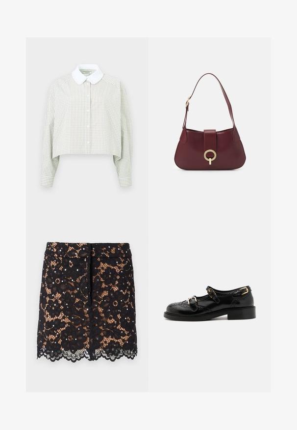 Šviesiai žalia ir balta langeliais supjaustyta marškinėlių palaidinė. Su balta apykakle ir ilgomis rankovėmis su sagomis. Minkšta medžiaga.; Juoda nėriniuota sijonas su gėlių raštais, dekoratyviniais kristalais, banguotu kraštu ir prigludusia forma. Pakabintas iki vidurio šlaunies ilgio.; Juodi odiniai batai su brogučių detalėmis, turintys dvi sagtis, apvalų nosį ir žemą kulną. Lygus paviršius su blizgiu finišu.; Burgundi odos rankinė su kreiva forma, auksiniu apvaliu detaliu ir vienu peties dirželiu. Lygus paviršius, minimalistinis dizainas.