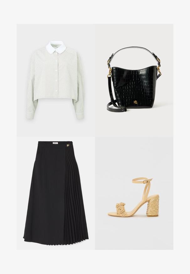 Lühikesed nööbid särk helesinise ja valge ruudustikuga. Omab valget kraed ja pikkade varrukatega nööbitavaid mansette. Pehme kangas.; Mustaline seelik, millel on ühel küljel volditud disain, valmistatud kergest kangast, varjatud tõmbluku ja küljetaskutega.; Beez kõrge kontsaga sandaalid, millel on punutud tekstuur, dekoratiivne lilleke ja pahkluu rihm. Ruudukujuline konts tagab stabiilsuse.; Mustad krokodillimustriga must nahast kott, millel on kõver kuju, kuldse riistvara aktsessid, reguleeritav rihm ning logodetail esiosas.