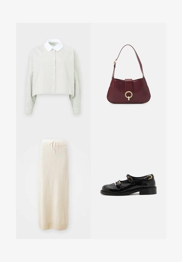Rövidített gombos ing világoszöld és fehér kockás mintázatban. Fehér gallérral és gombos mandzsettával ellátott hosszú ujjakkal rendelkezik. Puha anyag.; Krémpala midi szoknya húzózsinórral a deréknál és bordázott szegéllyel. Simaszerkezet, egyenes vonalvezetés, alkalmas hétköznapi viseletre.; Fekete bőrcipők brogue díszítéssel, két csattal, lekerekített orral és alacsony sarokkal. Simább felület fényes kivitelben.; Burgundi bőrtáska ívelt formával, arany kör alakú hardware díszítéssel és egyetlen vállpánttal. Simás textúra, minimalista dizájn.