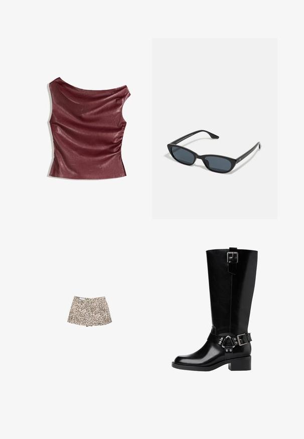 Bordeaux nep-leer top met gedrapeerde voorkant, asymmetrische halslijn en geplooid detail aan de zijkant. Glad textuur, slim fit silhouet.; Leopardprint denim shorts, beige basis met donkerbruine vlekken, hoogopgesneden ontwerp, twee voork pockets en een stijlvolle snit.; Zwarte leren knie-lange laars met een ronde neus, een chunky hak, een verstelbare band met hardware-accenten en een glanzende afwerking.; Zwarte cat-eye zonnebril met donkere lenzen, kunststof frame, slanke pootjes en subtiele branding op de binnenkant van de poot. Mat afgewerkte textuur.; Zwarte leren schoudertas met een gebogen silhouet, voorzien van een gouden kettingriem en een soepele, glanzende afwerking.