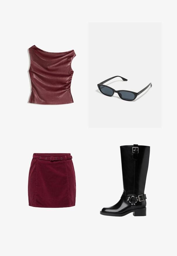 Burgundska faux kožna majica z zamaknjeno sprednjo stranjo, asimetričnim izrezom in nabranimi stranskimi detajli. Gladka tekstura, prilegajoča silhueta.; Burgundska kordna mini krila z ujemnim pasom, ki ima pravokotno sponko in kovinske luknje, ter majhnimi razpoki na robovih spredaj.; Črne usnjene hlačne škornje do kolen z zaobljenim nosom, debelim petam, nastavljivim pasom s kovinskimi detajli in sijočim zaključkom.; Črne mačkaste sončne očala z temnimi lečami, plastičnim okvirjem, ozkimi stebli ter diskretnim logotipom na notranji strani ročaja. Mat zaključna tekstura.; Črna usnjena torba za ramena s ukrivljeno silhueto, ki ima zlat trak in gladko, sijočo površino.