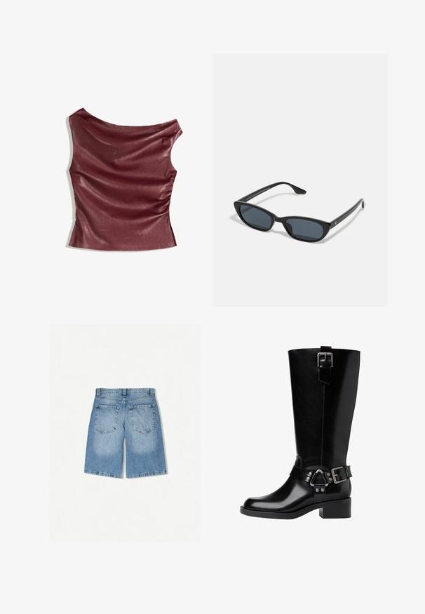 Burgundowy top z ekoskóry z drapowanym przodem, asymetrycznym dekoltem i marszczeniem z boku. Gładka tekstura, dopasowany krój.; Szorty dżinsowe w jasnoniebieskim kolorze o luźnym kroju. Posiadają dwie tylne kieszenie i prosty krój nogawki. Gładka struktura z minimalnym przecieraniem.; Czarne skórzane kozaki do kolan z okrągłym noskiem, masywnym obcasem, regulowanym paskiem z metalowymi akcentami oraz błyszczącym wykończeniem.; Czarne okulary w kształcie kociego oka z ciemnymi soczewkami, plastikową ramką, smukłymi zausznikami i subtelnym logo na wewnętrznej stronie zausznika. Matowa tekstura.; Czarna skórzana torba na ramię o zaokrąglonym kształcie, z złotym łańcuchem i gładkim, błyszczącym wykończeniem.
