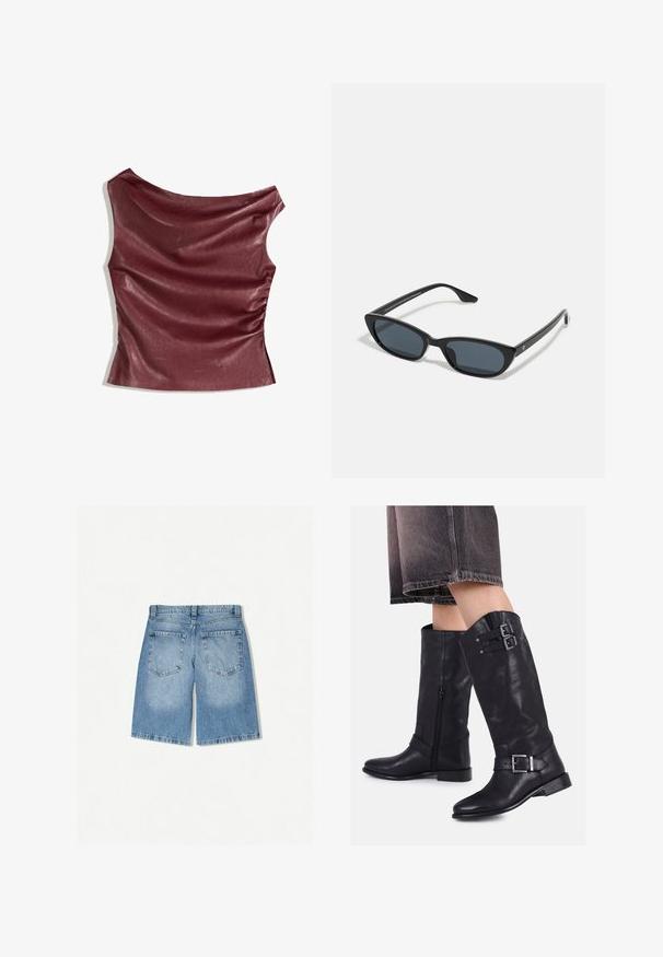 Burgunderfarbener Kunstleder-Oberteil mit drapiertem Vorderteil, asymmetrischem Ausschnitt und gerafftem Seitendetail. Glatte Textur, figurnahes Design.; Jeanskurze Hose in Hellblau mit lockerer Passform. Verfügt über zwei Gesäßtaschen und ein gerades Bein-Design. Sanfte Textur mit minimaler Auswaschung.; Schwarze Lederstiefel bis zum Knie mit zwei Riemen und Schnallen, einem seitlichen Reißverschluss und einem niedrigen Absatz, kombiniert mit dunklen Jeansshorts.; Schwarze Cat-Eye-Sonnenbrille mit dunklen Gläsern, Kunststoffrahmen, schlanken Bügeln und dezentem Branding an der inneren Seite des Bügels. Matte Oberflächenstruktur.; Schwarze Leder-Umhängetasche mit einer geschwungenen Silhouette, ausgestattet mit einem goldenen Kettenriemen und einer glatten, glänzenden Oberfläche.