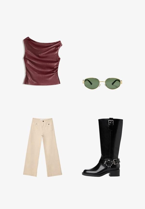 Burgundy faux leather top with draped front, asymmetric neckline, and gathered side detail. Smooth texture, fitted silhouette.; Beige wide-leg pants in soft cotton, featuring two front pockets with silver hardware, straight cut, and neatly finished hems.; Black leather knee-high boot with a rounded toe, a chunky heel, adjustable strap with hardware accents, and a glossy finish.; Gold metal-framed sunglasses with green tinted lenses, oval shape, black temples, and clear nose pads. Clean, minimalist design.; Black leather shoulder bag with a curved silhouette, featuring a gold chain strap and a smooth, glossy finish.