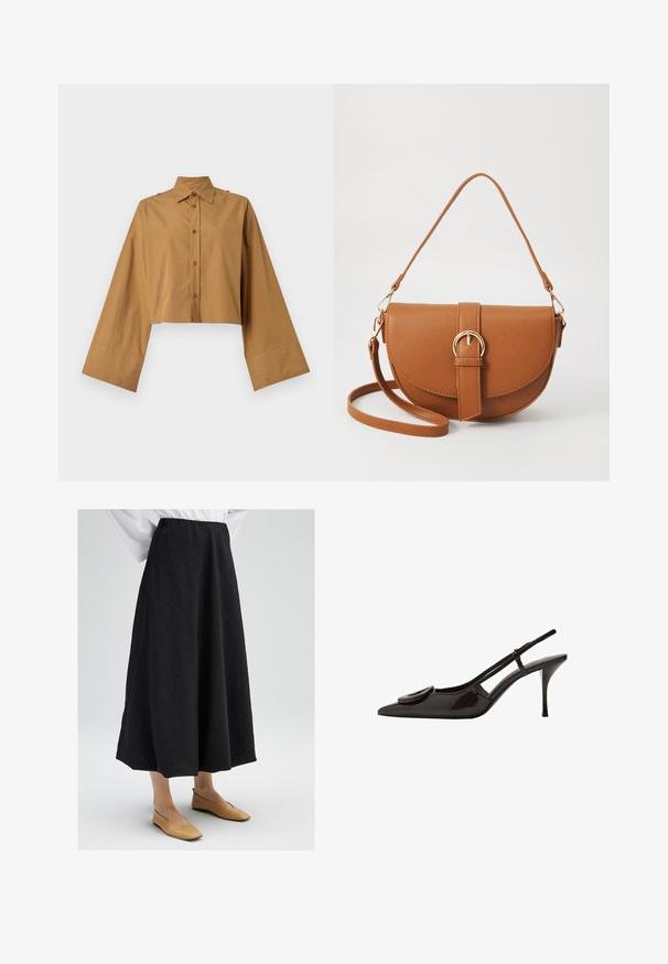 Strihnutá košeľa na gombíky z béžovej bavlny, s ostrým golierom a širokými rukávmi s hladkou textúrou. Dva gombíky ako ozdoba na pleciach.; Čierna midi sukňa s textúrovaným povrchom, vystužená elastickým pásom a plynulým siluetom. V kombinácii s béžovými plochými topánkami.; Čierne lakované slingback topánky s prednou časťou do špica, minimalistický dizajn, malý obľúkový akcent na nártovej časti a štíhla podpätok.; Hnedá kožená kabelka cez telo s zakriveným tvarom, zlatými kovovými doplnkami a akcentom s prackou. Obsahuje odnímateľný ramenný popruh.