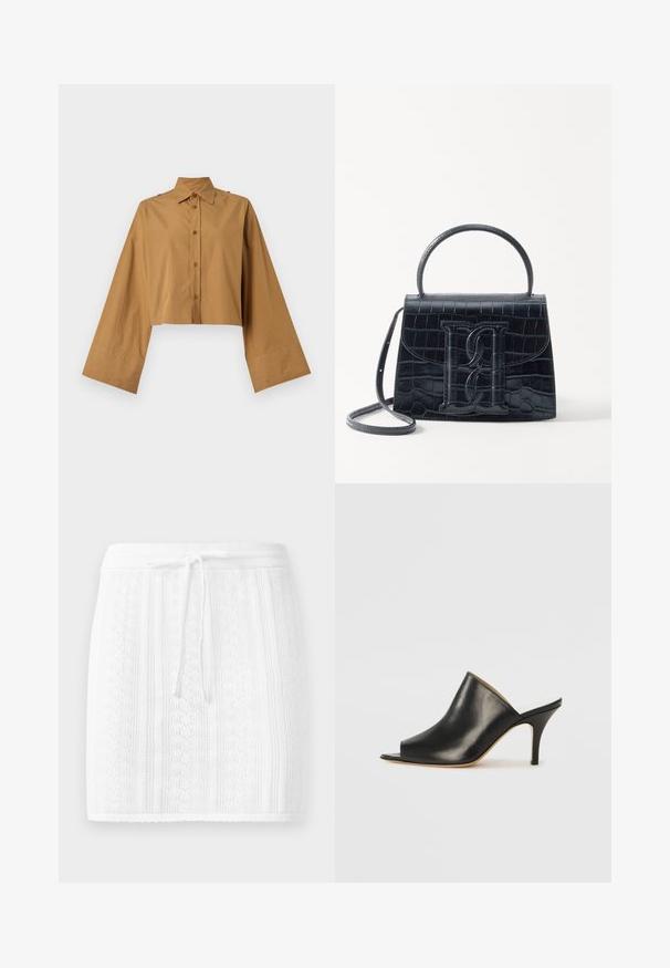 Klädd knapp-up skjorta i beige bomull, med spetsig krage och vida ärmar med en mjuk textur. Två knappar på axeln som accent.; Vit stickad kjol med ett strukturerat mönster och vertikala ränder; har en dragsko i midjan och en scalloped fåll.; Svart läder öppen tå mule med en stilren, böjd design, hög stilettklack och slät yta. Inredningen har en kontrasterande ljus färg.; Svart läderhandväska med krokodilprägling, strukturerad design, topphandtag, justerbar rem och en framträdande logotypdetalj på framsidan.