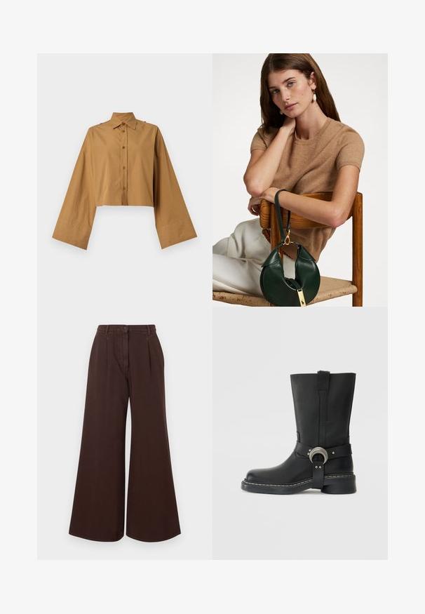 Īsā pogu krekls no gaišbrūnas kokvilnas, ar norādītu apkakli un platām piedurknēm, kas ir gludas tekstūras. Divas pogas plecos kalpo kā akcenti.; Augstas jostas vidēja platuma brūni bikses ar pogu un rāvējslēdzēju, jostas cilpām un priekšējām krokām.; Melnas ādas pusgarās zābaki ar plašu siksnu, kurai ir apaļa sudraba aksesuārs un balts šuvums gar zoles malām.; Brūns īsām piedurknēm svīteris, kas kombinēts ar zaļu ādas somu ar izliekta dizaina un zelta detaļām, novietots uz koka krēsla.