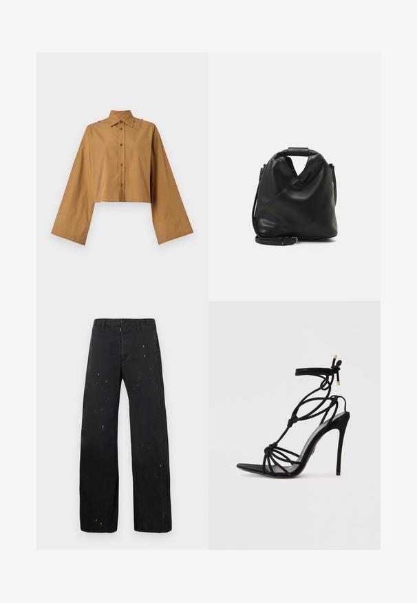 Strihnutá košeľa na gombíky z béžovej bavlny, s ostrým golierom a širokými rukávmi s hladkou textúrou. Dva gombíky ako ozdoba na pleciach.; MM6 Maison Margiela PANTS - Džínsy voľného strihu - black; Čierna stiletto sandála s uzlovým vzorom na remienku, otvorenou špičkou a úzkym podpätkom. Hladká textúra s doplnkami v zlatej farbe na remienkoch.; Čierna, mäkká kožená taška s jedinečným zavinutým dizajnom. Disponuje krátkym uškom a odnímateľným ramenným popruhom. Minimalistický štýl.
