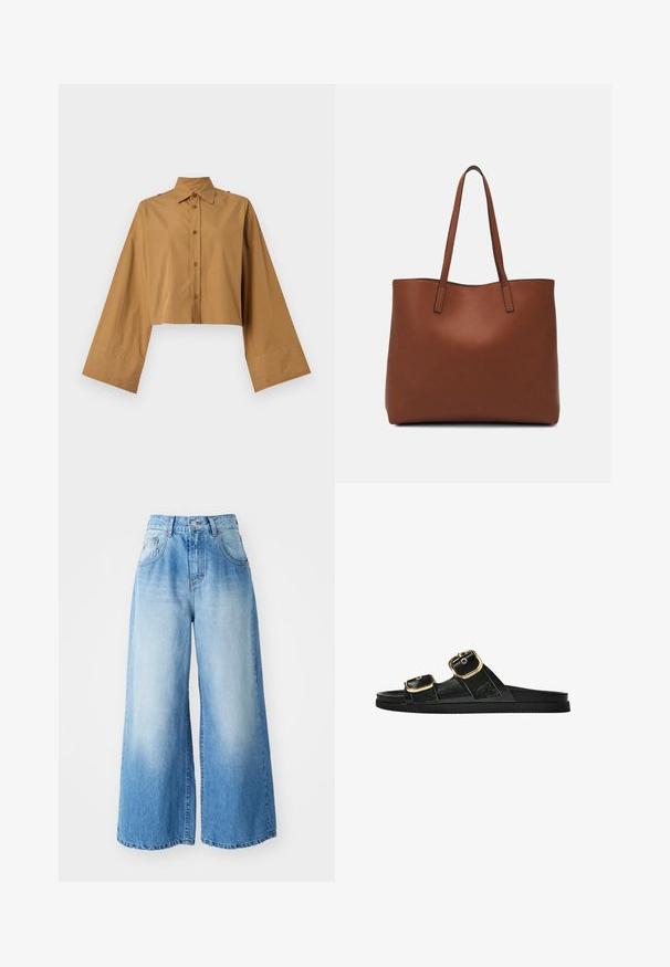 Verkorte button-up shirt in tan katoen, met een puntige kraag en brede mouwen met een gladde textuur. Twee knopen bij de schouderaccenten.; Lichtblauwe wijde spijkerbroek van denim met een vervaagde was, met een hoge taille, knoopsluiting en zijzakken.; Zwarte slipper met twee gouden gesps, gladde textuur, platte zool en een minimalistisch ontwerp.; Bruine leren tote bag met een gladde textuur, een ontwerp met een open bovenkant en twee schouderbanden. Kenmerkt zich door minimale stiksels en geen zichtbare hardware.