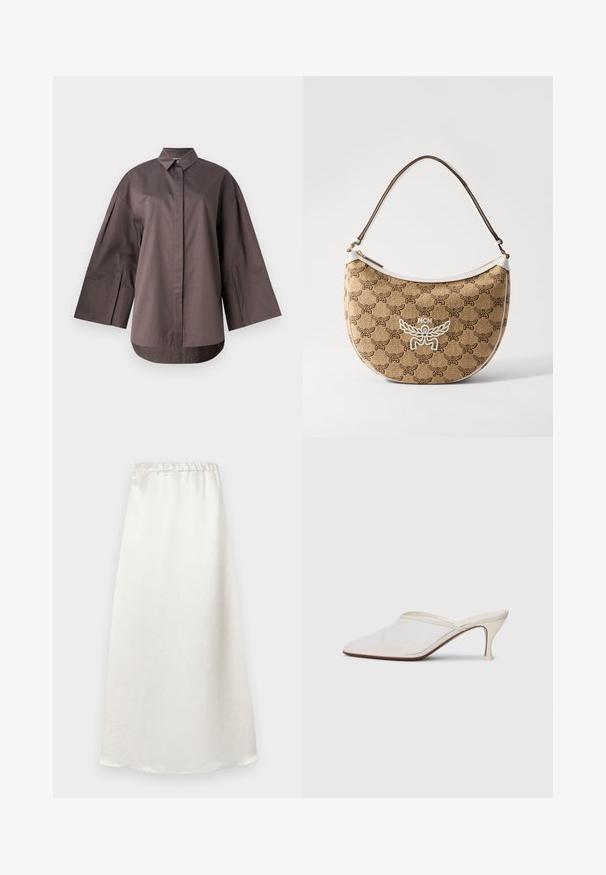 MM by MaxMara SAPORE - Button-down blouse - mud; White, ankle-length skirt made of a smooth, lightweight fabric with a gathered waistband and a subtle textured finish.; White mesh pointed-toe mule with a slim mid-height heel and slip-on design against a plain background.; Beige shoulder bag with a brown logo pattern, white accents, and a curved shape. Features a brown strap and a zip closure.