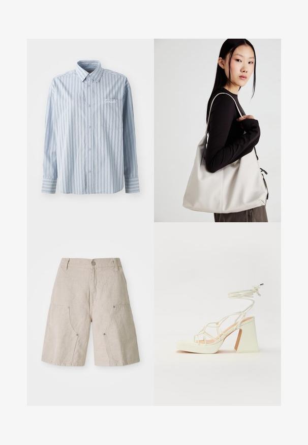 Svetlomodrá košeľa s dlhým rukávom na gombíky s bielymi a tmavými vertikálnymi pruhmi a prednou náprsné vrecko s bielym vyšívaným textom.; Bežové ľanové šortky s voľným strihom, s dvoma prednými vreckami a okrúhlymi kovovými detailmi. Neformálny dizajn s textúrovaným povrchom.; Biele sandále na vysokom opätku s hrubým podpätkom, s pruhovaným dizajnom a viazaním na členku. Hladký povrch s platformou vpredu pre zvýšenú výšku.; Béžová kabelka vyrobená z mäkkého materiálu, s uvoľneným dizajnom, prišitými detailmi a dvoma popruhmi na nosenie na pleciach. Vhodná na každodenné nosenie.