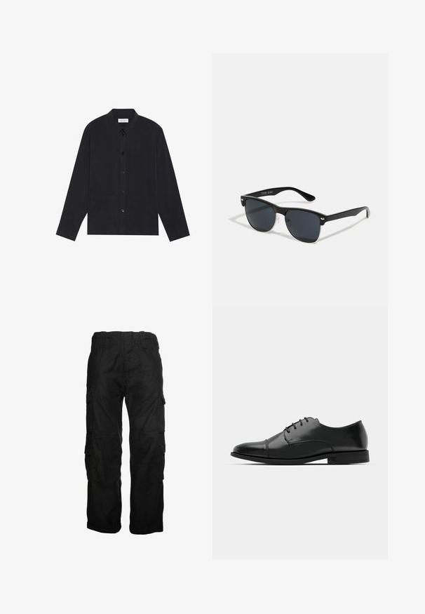 Camicia nera a maniche lunghe con chiusura a bottone, colletto, due tasche frontali e una finitura in tessuto testurizzato.; Pantaloni cargo neri in cotone, dotati di molteplici tasche laterali, una vita elastica e una vestibilità comoda. Texture liscia con dettagli di cucitura.; Scarpa da uomo in pelle nera con punta rotonda, design con lacci, dettagli di cucitura discreti e tacco basso. Texture liscia con finitura lucida.; Occhiali da sole neri con forma rettangolare, lenti scure, dettagli in argento alle tempie e finitura opaca sulla montatura.