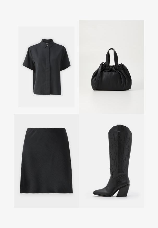 Kratka črna srajca na gumb s kratkimi rokavi in klasičnim ovratnikom, izdelana iz gladkega blaga, s ravnim krojem in minimalističnim dizajnom.; Črna satenska mini krila z gladko teksturo in ravnim robom, prikazana na enotnem belem ozadju.; Črne usnjene kavbojske škornje s koničastim nosom, ožjim naloženim peto in dekorativnim šivanjem ob straneh.; Črna usnjena torbica z zloženim zgornjim dizajnom, opremljena z dvema kratkima ročkama in dolgo nastavljivo naramnico. Gladka tekstura, okrogla oblika.