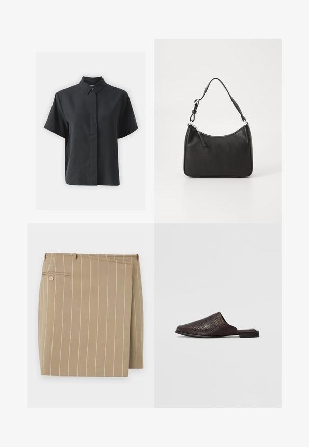 Krátky rukáv čierna zapínacia košeľa s klasickým golierom, vyrobená z hladkej tkaniny, s rovný strihom a minimalistickým dizajnom.; Béžová sukňa s vertikálnymi bielymi pruhmi, vyrobená z textúrovanej látky. Obsahuje predný klapku a zadnú vrecko s detailom gombíka.; Čierne nazúvacie mule vyrobené z textúrovaného materiálu s hadím vzorom, s nízkym plochým podpätkom a zakriveným otvoreným špičkou.; Čierna kožená kabelka s oblým tvarom, jediným popruhom, zipsom a nenápadným logom na prednej strane. Hladká textúra, minimalistický dizajn.