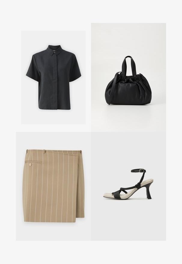 Short-sleeve black button-up shirt with a classic collar, made of a smooth fabric, featuring a straight cut and minimalistic design.; Beige skirt with vertical white stripes, made from a textured fabric. Features a front flap and a back pocket with a button detail.; Black heeled sandal with braided strap design, square toe, and adjustable ankle strap. Light beige footbed with a glossy black heel.; Black leather handbag with a gathered top design, featuring two short handles and a long adjustable strap. Smooth texture, rounded shape.