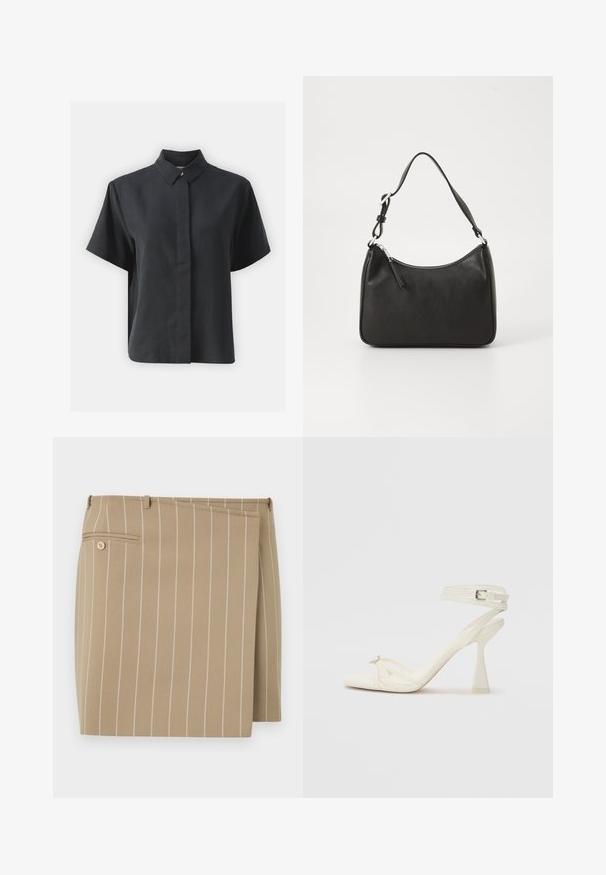 Kortermet svart skjorte med knapper og klassisk krage, laget av et glatt stoff, med rett skjæring og minimalistisk design.; Beige skjørt med vertikale hvite striper, laget av et teksturert stoff. Har en frontlapp og en baklomme med en knappdetalj.; Høyhælte sandaler med stropp i hvitt lær, med et stilrent design, gjennomsiktig blokkhæl og et dekorativt element ved tåen.; Svart lærveske med en buet form, en enkelt stropp, glidelåslukking og subtil merkevarebygging på forsiden. Glatt tekstur, minimalistisk design.