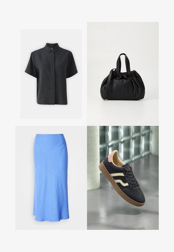 Kortärmad svart skjorta med knäppning och klassisk krage, tillverkad av ett slätt tyg, med rak passform och minimalistisk design.; Ljusblå, lång kjol med en jämn textur, utsvängd nederkant och enkel design. Har ett åtsittande midjeband och subtila sömdetaljer.; Marinblå lädersneakers med kremfärgade ränder, rosa detaljer vid hälen och en strukturerad tan gummisåle. Klassisk låg design.; Svart läderhandväska med en samlad toppdesign, som har två korta handtag och ett långt justerbart axelband. Slät textur, rund form.