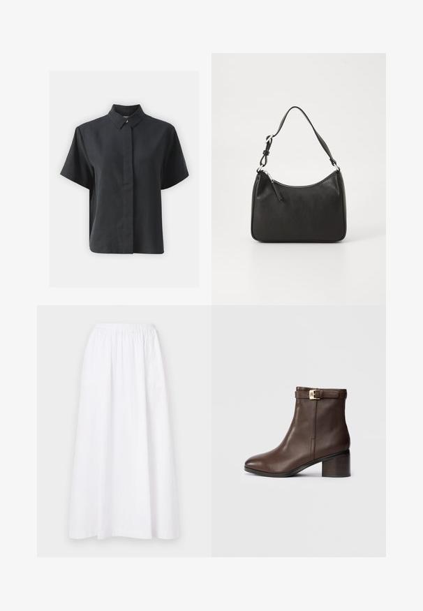 Short-sleeve black button-up shirt with a classic collar, made of a smooth fabric, featuring a straight cut and minimalistic design.; White, knee-length skirt with an elastic waistband, featuring a simple design and lightweight fabric, exhibiting a smooth, plain texture.; Brown leather ankle boot with a rounded toe, low block heel, and a decorative buckle strap at the ankle. Smooth texture and sleek design.; Black leather handbag with a curved shape, a single strap, zip closure, and subtle branding on the front. Smooth texture, minimalist design.