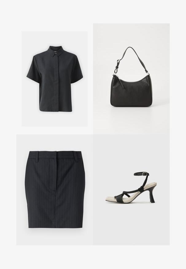 Camisa preta de botão de manga curta com colarinho clássico, feita de um tecido suave, com corte reto e design minimalista.; Saia ajustada preta com riscas finas, com passantes para cinto e fecho frontal oculto, apresentada sobre um fundo branco.; Sandal com salto alto preto e design de tiras trançadas, bico quadrado e tira de tornozelo ajustável. Sola em tom bege claro com um salto preto brilhante.; Mala de mão em couro preto com formato curvo, uma alça, fecho em zip e uma marcação discreta na frente. Textura suave, design minimalista.