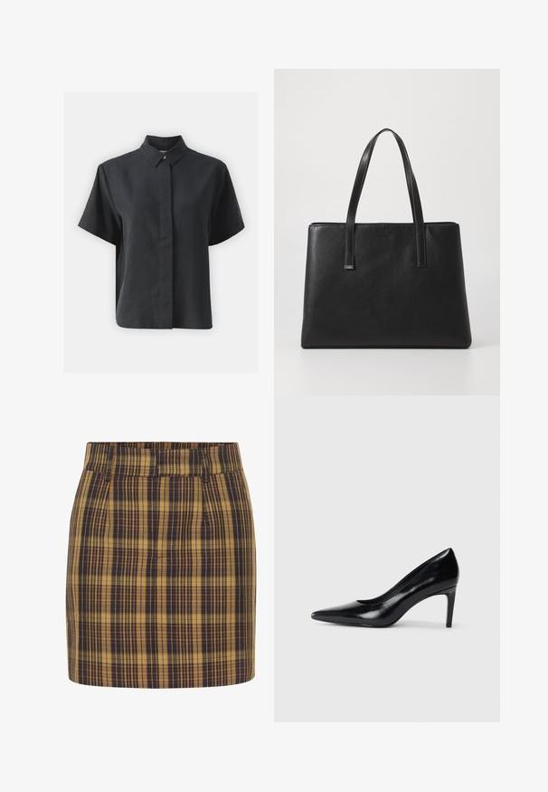 Černá košile s krátkým rukávem a klasickým límcem, vyrobená z hladkého materiálu, s rovnými liniemi a minimalistickým designem.; Károvaná mini sukně v žluté a námořnické modři. Má vysoký pas, rovný přední díl a boční kapsy, je vyrobena z texturované látky se strukturovaným tvarem.; Černé kožené boty na vysokém podpatku s špičatou špičkou, hladkým povrchem a zúženým podpatkem. Minimalistický design, bez dalších ozdob.; Černá kožená taška přes rameno s dvěma dlouhými držadly, obdélníkový tvar, texturovaný povrch a minimalistický design. Žádné viditelné kovové prvky či akcenty.