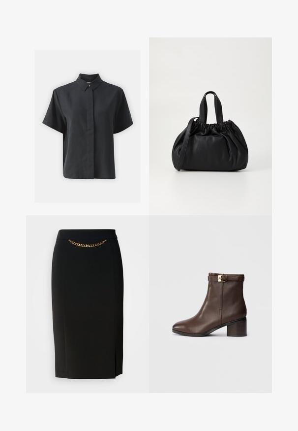 Lühikeste varrukatega must nööbiga särk klassikalise kraega, valmistatud siledast kangast, sirge lõike ja minimalistliku disainiga.; Must mustraga mustreiga, millel on kerge lõhe, kuldse ahela detailiga vöökoha juures. Valmistatud sujuvast ja venivast kangast mugavuse tagamiseks.; Pruunist nahast pahkluu saapad, millel on ümara ninaga, madal plokk-kink ja dekoratiivne pandla rihm pahkluu ümber. Sile tekstuur ja stiilne disain.; Mustmust mustkott mustrihmaga ülaosa disainiga, millel on kaks lühikest käepidet ja pikk reguleeritav rihm. Sile tekstuur, ümar kuju.