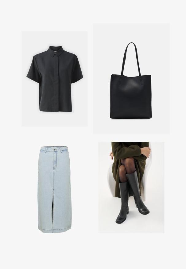 Chemise noire à manches courtes, avec un col classique, fabriquée en tissu lisse, présentant une coupe droite et un design minimaliste.; Jupe en denim bleu clair, coupe droite, longueur genou avec une fente à l'avant, passants de ceinture et fermeture à bouton à la taille.; Bottes en cuir noires arrivant au genou, avec un bout carré et un talon carré, présentées sur un modèle assis dans un manteau vert olive. Texture lisse, détails minimaux.; Sac fourre-tout en cuir noir avec une texture lisse, de forme rectangulaire et deux longues poignées. Pas de matériel ou d'ornementations visibles.