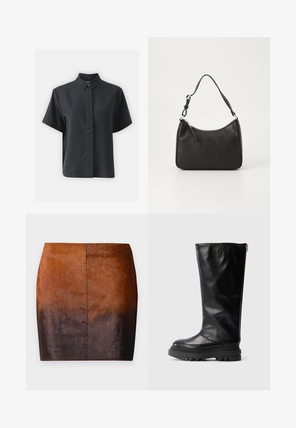Kratka crna košulja s dugim rukavima i klasičnim ovratnikom, napravljena od glatkog materijala, s ravnim krojem i minimalističkim dizajnom.; Mini suknja smeđe gradacije, izrađena od mekanog materijala, s glatkom teksturom, uskim krojem i preciznim šavovima duž rubova.; Crne kožne čizme do koljena s okruglim vrhom, debelim gumiranim đonom i bočnim patentnim zatvaračem. Glatka tekstura s minimalnim detaljima.; Crna kožna torba s zakrivljenim oblikom, jednim remenom, zatvaranjem na patentni zatvarač i suptilnim brendiranjem sprijeda. Glatka tekstura, minimalistički dizajn.
