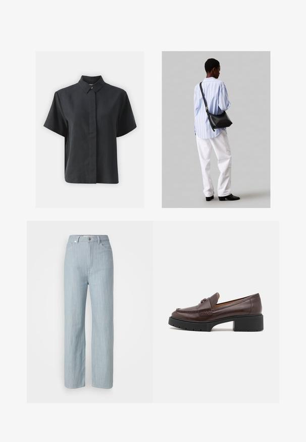 Krátky rukáv čierna zapínacia košeľa s klasickým golierom, vyrobená z hladkej tkaniny, s rovný strihom a minimalistickým dizajnom.; Svetlomodré džínsy rovného strihu vyrobené z denimu. Majú päť vreciek, kovové zapínanie na gombík a jemné žmolkovanie pre textúru.; Hnedé kožené mokasíny s zaoblenou špičkou, šitými detailmi a mohutným čiernym gumovým podpätkom. Hladký povrch a minimálne akcenty.; Čierna kožená ramenná taška so mäkkou textúrou, trojuholníkovým tvarom a nastaviteľným popruhom, skombinovaná s svetlomodrou pruhovanou košeľou a bielymi nohavicami.