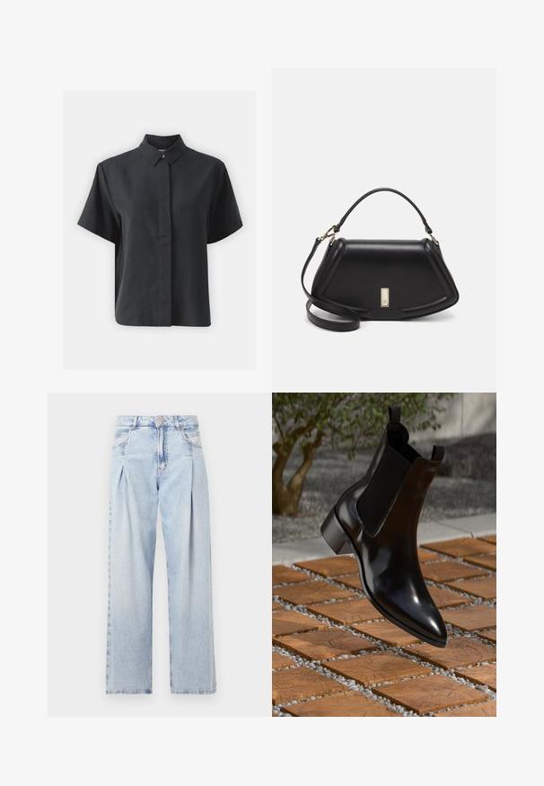Short-sleeve black button-up shirt with a classic collar, made of a smooth fabric, featuring a straight cut and minimalistic design.; Light blue denim jeans with a high waist, wide-leg cut, two side pockets, and pleated design feature. Soft texture with a faded finish.; Black leather Chelsea boot with a pointed toe, elastic side panels, and a chunky heel, resting above a stone and wood patterned surface.; Black leather handbag with a structured design, featuring a cropped shape, top handle, and gold hardware accent. Adjustable shoulder strap included.