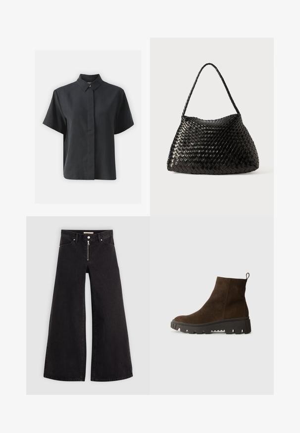 Cămașă neagră cu mânecă scurtă și nasturi, cu un guler clasic, realizată dintr-un material neted, având o croială dreaptă și un design minimalist.; Jeans cu picioare largi din denim negru, cu fermoar în față, design cu cinci buzunare și detalii subtile de cusătură. Textură netedă și stil casual.; Botină din suede maro, cu o talpă din cauciuc negru masiv, având un toc ușor și o bandă de prindere în spate pentru a fi ușor de îmbrăcat.; Geantă din piele împletită neagră, cu o formă curbată și moale și o singură curea împletită, având o textură netedă și un model complex.