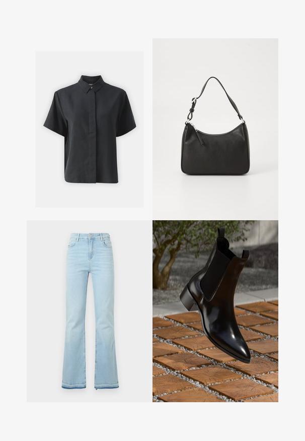 Camicia nera a maniche corte con bottoni, colletto classico, realizzata in un tessuto liscio, con taglio dritto e design minimalista.; Jeans flare azzurri in denim, caratterizzati da una vita alta, tasche anteriori e un orlo grezzo ai polsini per un look casual.; Stivale Chelsea in pelle nera con punta affilata, pannelli laterali elasticizzati e tacco spesso, posato su una superficie con motivo in pietra e legno.; Borsa a tracolla in pelle nera con forma curva, una tracolla singola, chiusura con zip e marchio discreto sul fronte. Texture liscia, design minimalista.
