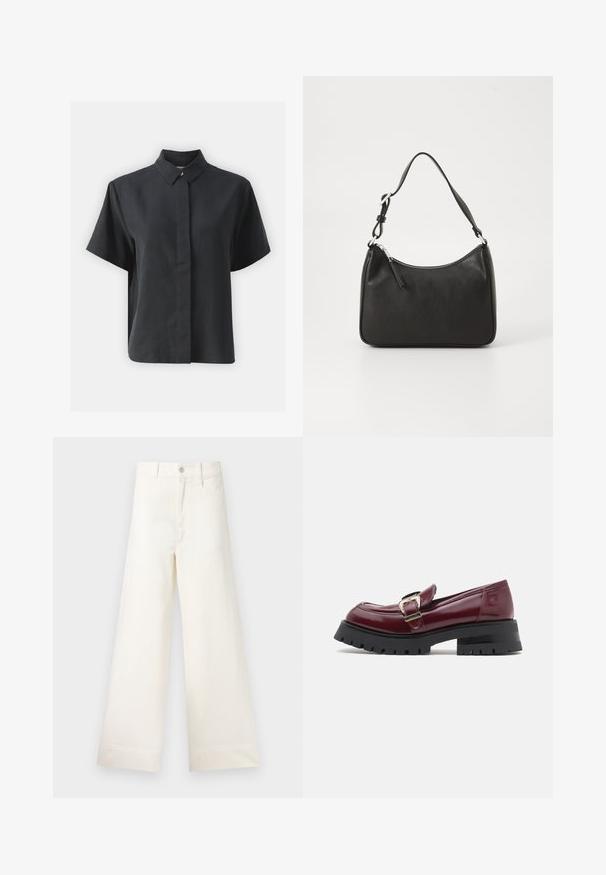 Černá košile s krátkým rukávem a klasickým límcem, vyrobená z hladkého materiálu, s rovnými liniemi a minimalistickým designem.; Kalhoty s širokými nohavicemi v světle béžové bavlně. Mají vysoký pas, přední kapsy a rovný střih. Čistý lem bez vzorů.; Burgundské lakované mokasíny s kulatou špičkou, detailem přezky a robustní černou podrážkou s drážkami. Hladká textura a elegantní design.; Černá kožená kabelka s zakřiveným tvarem, s jedním popruhem, zipovým uzávěrem a decentním logem na přední straně. Hladká textura, minimalistický design.