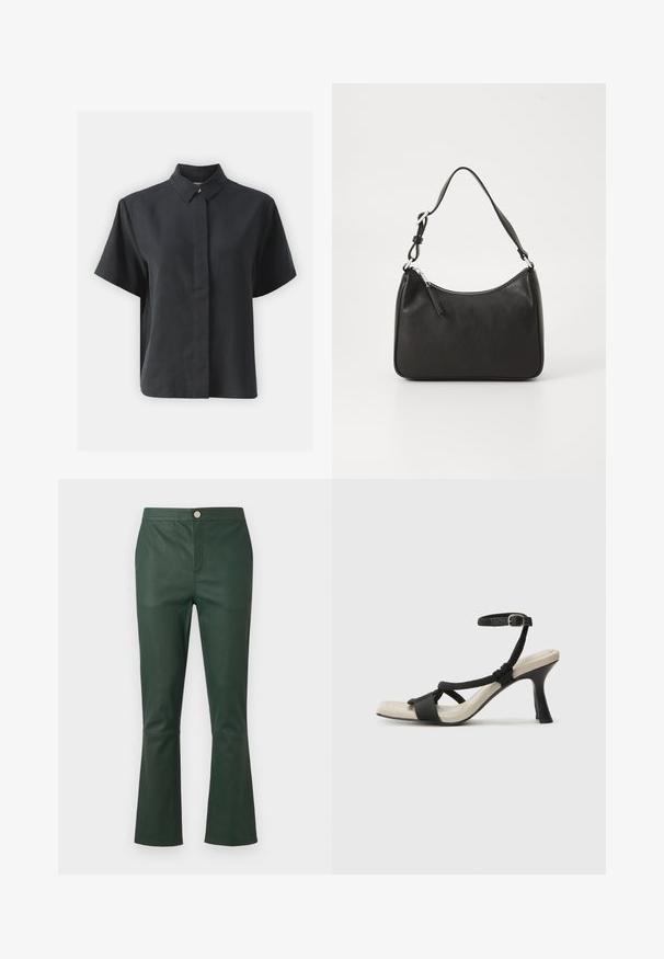 Short-sleeve black button-up shirt with a classic collar, made of a smooth fabric, featuring a straight cut and minimalistic design.; Dark green leather flared pants with a high waist, featuring a front pocket and a metal button closure. Smooth texture, no patterns.; Black heeled sandal with braided strap design, square toe, and adjustable ankle strap. Light beige footbed with a glossy black heel.; Black leather handbag with a curved shape, a single strap, zip closure, and subtle branding on the front. Smooth texture, minimalist design.