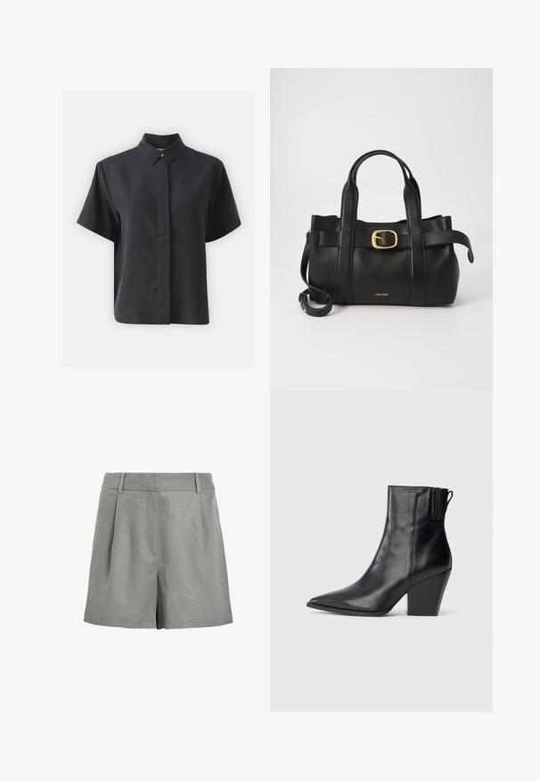 Kortærmet sort skjorte med knapper og klassisk krave, lavet af et glat stof, med lige snit og minimalistisk design.; Lysegrå shorts lavet af struktureret stof, med flad front, to for-pleating og en mellemhøj talje uden synlige lukninger.; Sorte læder ankelstøvler med spids tå, struktureret overdel og kraftig høj hæl. Har en elastisk panel på siden for nem påtagning.; Sort læderhåndtaske med et struktureret design, dobbelte toppegreb, guldtonet spændeaccents og præget logo på forsiden.