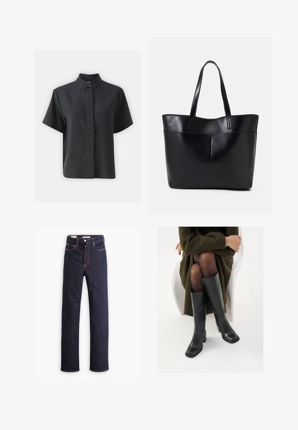 Juodos spalvos trumpomis rankovėmis mygtukinė marškiniai su klasikine apykakle, pagaminti iš lygaus audinio, turintys tiesų kirpimą ir minimalistinį dizainą.; Tamsiai mėlynos tiesios kojos džinsai su penkiomis kišenėmis ir matomomis oranžinėmis siūlėmis ant baltos fono.; Juodos odinės pradžios ilgio bateliai su kvadratu formos nosimi ir bloko kulnu, demonstruojami su modeliu, sėdinčiu alyvuogių žalios spalvos švarku. Lygi tekstūra, minimalus puošimas.; Juoda odinė rankinė su dviem ilgais diržais, lygiu paviršiumi ir struktūrizuota forma. Yra priekinė kišenė papildomam saugojimui.