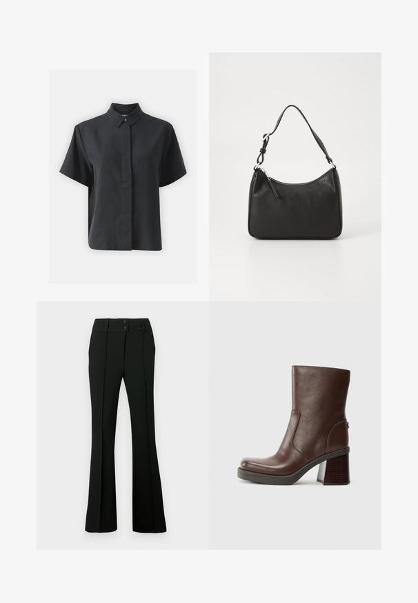 Camisa preta de botão de manga curta com colarinho clássico, feita de um tecido suave, com corte reto e design minimalista.; Calças pretas com corte evasê, confeccionadas em tecido liso, cós alto com dois botões e pregas frontais, conferindo um aspeto ajustado.; Botim de tornozelo em pele castanha com bico arredondado, textura suave e salto de madeira robusto. Detalhe de costura lateral e um brilho subtil.; Mala de mão em couro preto com formato curvo, uma alça, fecho em zip e uma marcação discreta na frente. Textura suave, design minimalista.