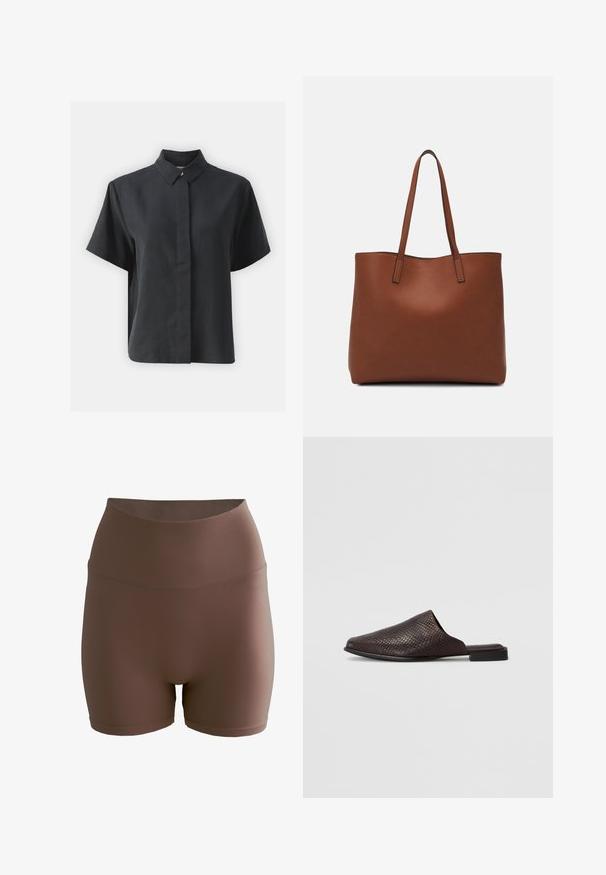 Kortærmet sort skjorte med knapper og klassisk krave, lavet af et glat stof, med lige snit og minimalistisk design.; aim’n® SHAPE SEAMLESS - Shorts - brown; Sort slip-on mule lavet af tekstureret materiale med et reptilmønster, der har en lav, flad hæl og et afrundet, åbent tådesign.; Brun læder tote taske med en glat overflade, åben topdesign og to skulderremme. Har minimal syning og ingen synlig hardware.