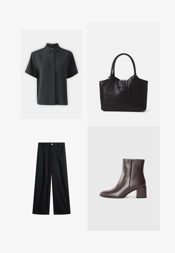 Zwart kortemouwknopenhemd met een klassieke kraag, gemaakt van een gladde stof, met een rechte snit en een minimalistisch ontwerp.; Zwarte wijde broek met subtiele streepjes, voor sluiting met knoop, riemlussen en zijzakken, plat neergelegd op een witte achtergrond.; Bruine leren enkelboot met een elegant ontwerp, spitse neus en vierkante blokhak. Gladde textuur en minimalistische silhouet.; Zwarte leren tote bag met een gladde textuur, gestructureerde vorm, twee handvatten en een opvallend zilveren sluitingdetail aan de voorkant.