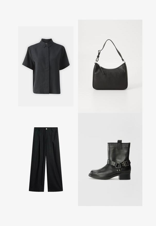 Camicia nera a maniche corte con bottoni, colletto classico, realizzata in un tessuto liscio, con taglio dritto e design minimalista.; Pantaloni larghi neri con sottili righe verticali, chiusura frontale con bottone, passanti per cintura e tasche laterali, posati su uno sfondo bianco.; Samsøe Samsøe SABRENTA - Stivaletti texani / biker - black; Borsa a tracolla in pelle nera con forma curva, una tracolla singola, chiusura con zip e marchio discreto sul fronte. Texture liscia, design minimalista.