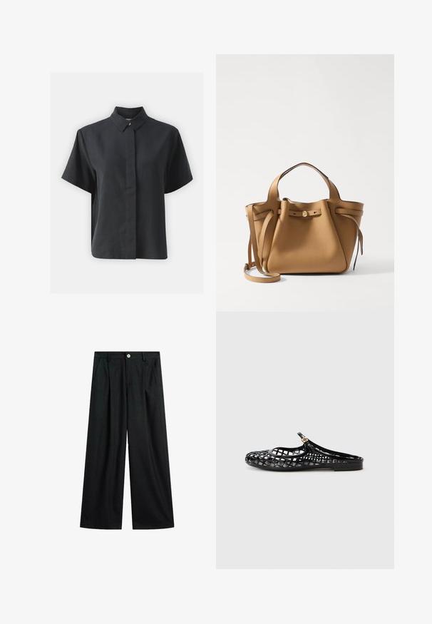 Short-sleeve black button-up shirt with a classic collar, made of a smooth fabric, featuring a straight cut and minimalistic design.; Black wide-leg trousers with subtle pinstripes, front button closure, belt loops, and side pockets, laid flat on white background.; Tory Burch MELLOW MARY JANE - Mules - perfect black/gold; Tory Burch ROMY PEBBLED SATCHEL - Handbag - tiramisu