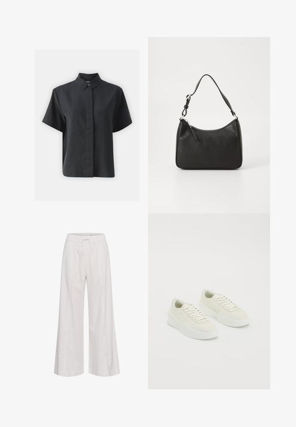 Rövid ujjú fekete gombos ing, klasszikus gallérral, sima anyagból készült, egyenes vonalvezetésű és minimalista dizájnnal.; Széles szárú nadrág puha fehér anyagból, rugalmas derékkal és húzózsinórral, sima felülettel és további díszítések nélkül.; Fehér, alacsony szárú sportcipők vastag talppal és fűzővel, oldalán és orrán perforált részletekkel, fehér háttéren bemutatva.; Fekete bőrtáska ívelt formával, egyetlen pánttal, cipzáras záródással és diszkrét logóval az elején. Simább textúra, minimalista dizájn.