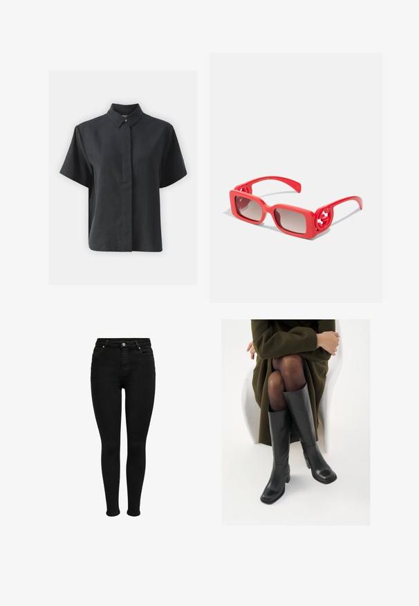 Juodos spalvos trumpomis rankovėmis mygtukinė marškiniai su klasikine apykakle, pagaminti iš lygaus audinio, turintys tiesų kirpimą ir minimalistinį dizainą.; Juodos aukšto liemens siaurėjantys džinsai su priekiniu mygtuku, diržo kilpomis ir penkių kišenių dizainu, rodomi prieš baltą foną.; Juodos odinės pradžios ilgio bateliai su kvadratu formos nosimi ir bloko kulnu, demonstruojami su modeliu, sėdinčiu alyvuogių žalios spalvos švarku. Lygi tekstūra, minimalus puošimas.; Raudoni plastikiniai saulės akiniai su kvadratiniais rėmeliais, gradiento lęšiais ir apvaliais logotipų akcentais ant šventyklų. Lygi tekstūra su blizgiu paviršiumi.; Juodas odinis krepšys su išlenkta forma, nuimamu dirželiu ir auksiniais detalėmis. Krepšys turi kilpą su sagtimi.
